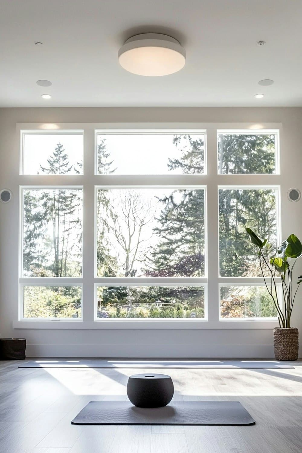 A calm, light-filled wellness room with tall windows, a floor cushion and a green plant